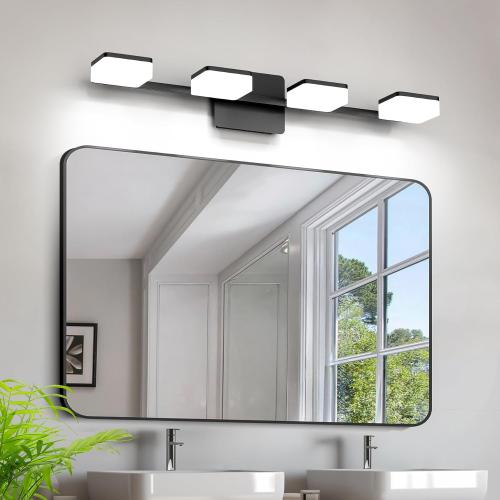 4 Light Acrylic Bathroom Light Fixtures, Modern Black Bathroom Vanity Light, Matte Black Wall Lighting Fixtures Over Mirror, Adjustable LED Vanity Light (White Light 5500K)