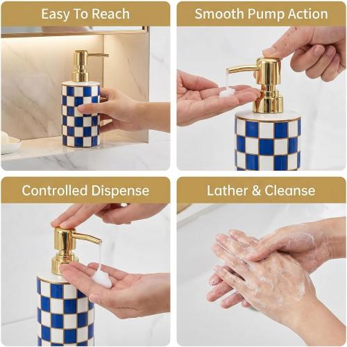 Blue and White Checkered Ceramic Soap Dispenser, Cute & Durable for Bathroom, Ideal Checkered Bathroom Decor