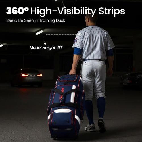 Fanwoli Rolling Baseball Bag with Wheels, Large Softball Catchers Gear Bags for 4 Bats (Fits Up To 32), Separate Shoe Compartment, Safety Reflective Strip, Fence Hook, Portable Bag for Youth & Adult