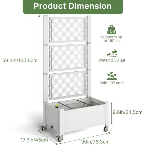 Miory 60 Raised Garden Bed with Trellis & Wheels, Vertical Gardening Planter Box with Water Level Indicator and Drainage System for Garden Outdoor Patio Balcony