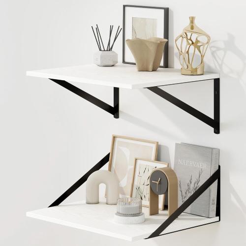 Fun Memories Floating Shelves for Wall, 12 Inch Deep Floating Shelves Set of 2, 16W x 12D Large Wall Shelf with Sturdy Metal Brackets for Living Room, Bathroom, Bedroom and Kitchen, White