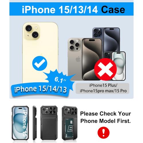 for iPhone 15, iPhone 14, iPhone 13 Wallet Case with Card Holder(4-5 Cards), Slide Camera Cover, Military Drop & RFID Protection, Heavy Duty Women Men Phone Case for iPhone 15/14/13, Black