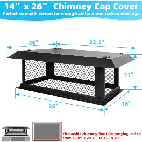 14 x 26 Chimney Cap Chimney Cover,Fireplace Chimney Caps for Outside,Chimney Rain Caps Chimney Flue Cover Chimney Roof Rain Guard on Existing Flue Tile Brick Clay,Galvanized Steel Chimney Vent Cap