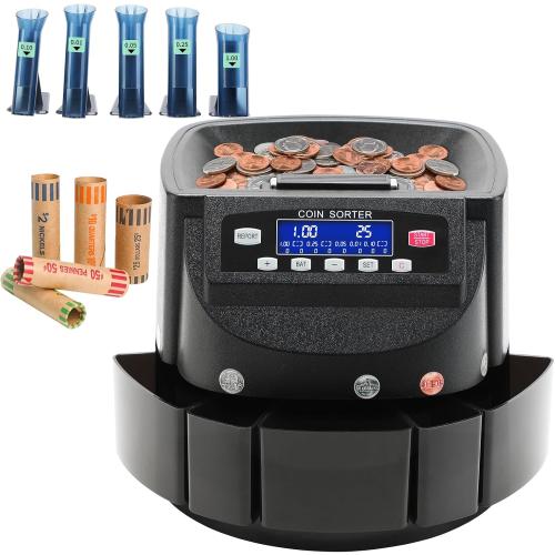 USD Coin Counter 270 Coins/Min Includes 5 Coin Bins, 5 Tubes & 5 Wrappers | 300-Coin Capacity Automatic Change Counter with LCD Display for 1¢ 5¢ 10¢ 25¢ $1, Precise Counting for Retail/Banks/Home