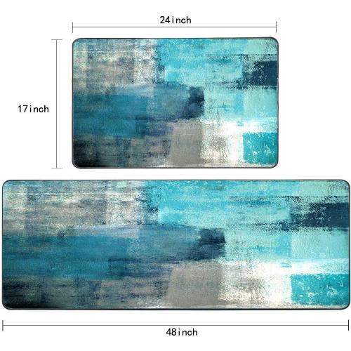 Kitchen Mats for Floor,TOMWISH Turquoise Kitchen Rug Grey Abstract Area Rug Art Painting 17X48 17X24 Non-Slip Kitchen Rug Set for Kitchen Dining Room,Floor Home,Office,Sink,Laundry