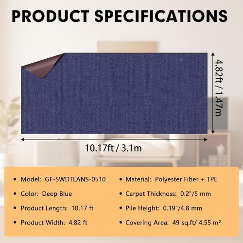 Grefinity Marine Carpet,5 FT x 10 FT Deep Blue Indoor Outdoor Carpet 0.2 Thick Boat Rug with Water-Proof TPE Backing for Home, Patio, Porch, Deck