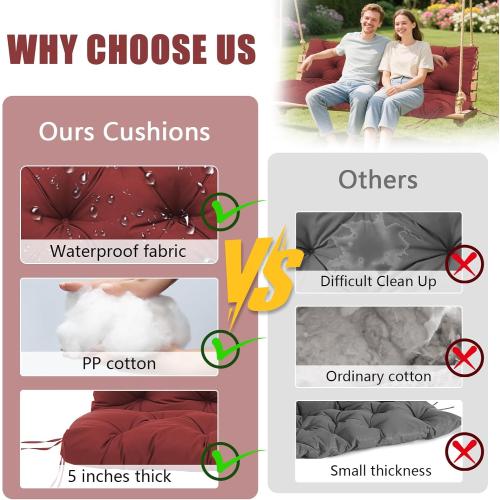 Porch Swing Cushions, Waterproof Outdoor Swing Cushions for Patio Furniture with Backresk, 2-3 Seater Thickened Patio Swing Replacement Cushion 60×40 (Wine Red)