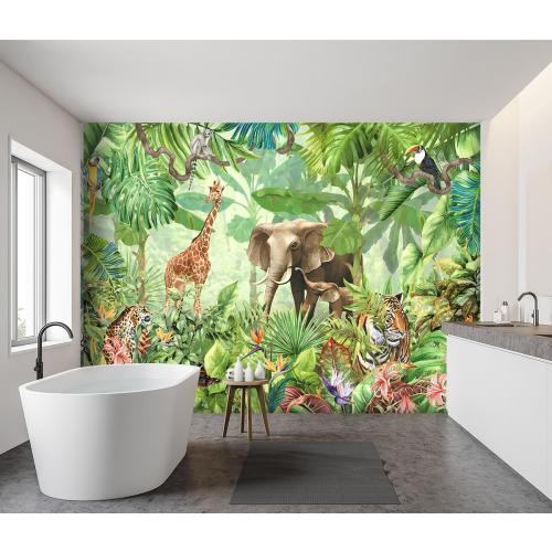 -Green Rainforest Plants Animals Tiger Cloth Wallpaper Jungle Plants Banana Leaves Boys Girls Kindergarten Children's Room Large Mural- 91x65（ not Peel and Stick）
