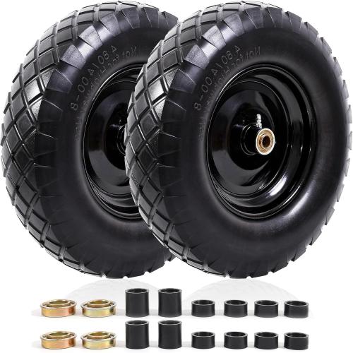 MZREXN 4.80/4.00-8 Flat Free Tire and Wheel, 16 Universal Solid Wheelbarrow Tires, with 5/8 & 3/4 Bearings, 3 Centered Hub for Hand Truck Garden Trailers Utility Cart Yard Wagon (2-PACK, Black)