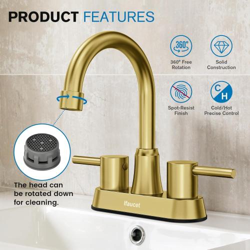 Gold Bathroom Faucet, Brushed Gold Bathroom Faucet, Gold Faucets for Bathroom Vanity, 4 Inch 2 Handle Centerset, Lead-Free, with Copper Pop Up Drain (Brushed Gold)
