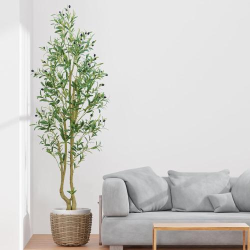 Olive Tree 6ft, Artificial Olive Tree with White Pot, Fake Tree with 1296 Dense Leaves & 72 High-Simulated Olive Fruits - Easy Assembly, Low Maintenance (Olive Tree 6ft)