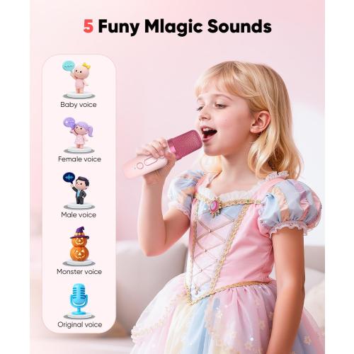 Mini Karaoke Machine Toy for Kids, Portable Karaoke Machine with 2 Wireless Microphone for 4,5,6,7,8,9,10,11,12  Years Old Christmas Birthday Gifts Girls Boys (Pink)