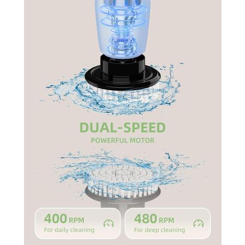 Electric Spin Scrubber with 8 Brush Heads, Extension Handle and 2 Speeds for Beginner, Teens.White-o1.