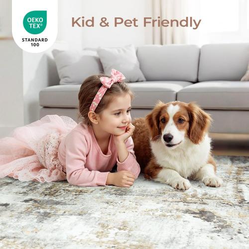 Area Rugs 9x12 Living Room, Large Soft Washable Abstract Neutral Bedroom Rug, Non-Slip Stain Resistant Floor Carpet for Dining Room Nursery, Brown/Grey