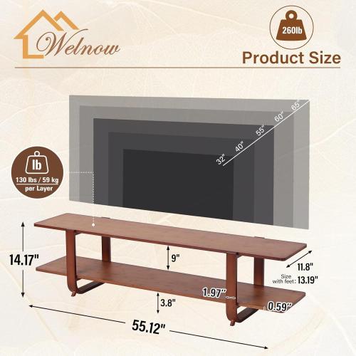 Welnow Low Bamboo TV Stand for 65 Inch TV, 2-Tier Open Shelves, Walnut | Modern Entertainment Center,Open Shelf for Gaming Consoles and Soundbar,Media Console Table for Living Room, Bedroom