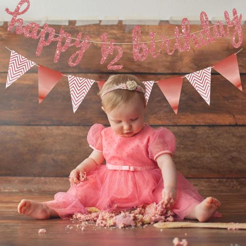 Skylety 1/2 Half Birthday Decorations 6 Months Outfit Baby Boy Banner Cupcake Topper Triangle Flag Banner Confetti Balloons Cake Topper for Girl Boy Baby Shower(Rose Gold)