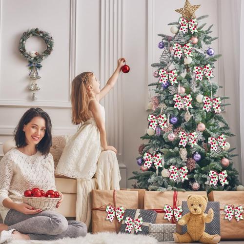 DIYDEC 12pcs Christmas Bows Decoration 6.3 Inch Large Christmas Wreath Bows Red Green Xmas Tree Bow Glitter Dot Bows Ribbons Ornaments for Garland Wedding Home Holiday Party