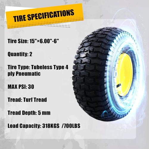 MZREXN 15x6.00-6 Lawn Mower Tires and Wheel Assembly, Front Tires Replacement, Compatible with John Deere & More Riding Mowers, 4 Ply Pneumatic, 3 Offset Hub, 3/4 Bearings, Tubeless, 2PCS