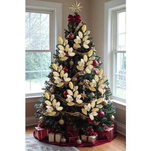 Hollyone 23.6” Christmas Tree Picks and Sprays 3Pcs Champagne Artificial Magnolia Stems Magnolia Leaves Branches Fake Gold Leaf Floral for Vase DIY Xmas Tree Garland Wreath Centerpieces Wedding Decor