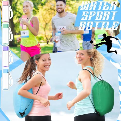 Honeydak 24 Pcs 17 oz Plastic Water Bottles Bulk and Drawstring Backpack Set Reusable Flip Top Leakproof Water Bottles with Handle for Adults Sports Gym Travel Party Outdoor End of Year Gifts