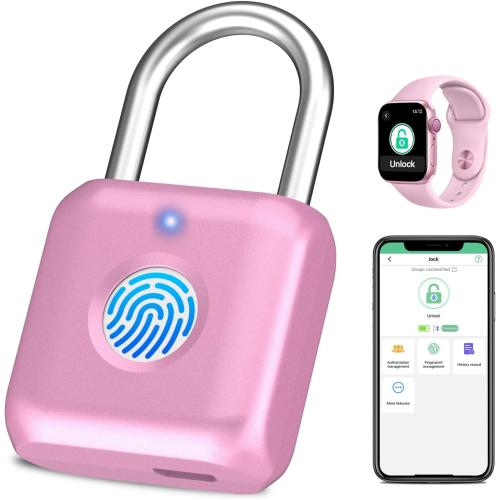 Fingerprint Padlock eLinkSmart Gym Locker Lock for Girls Women with Phone App iOS Watch Metal Keyless Combination Locks for School Sports Locker Toolbox Hasp Storage Pink