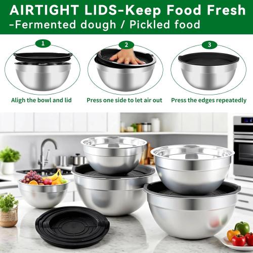Mixing Bowls Set, 25PCS Stainless Steel Mixing Bowl with Lid Set, Large Nesting Bowls 7, 4.5, 3,2, 1.5QT, Measuring Cups and Spoons Baking Utensils Metal Bowl for Kitchen Prep