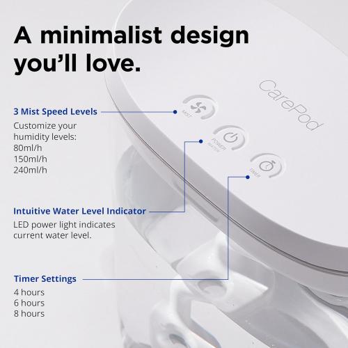 Carepod Mini 21P Ultrasonic Cool Mist Humidifier Whisper-Quiet Filter-Free Easy Clean - Only 3 Washable Parts to Clean, Auto Shut-off, 0.74gal 2.8l Tank, Nursery, Baby, Kids Bedrooms