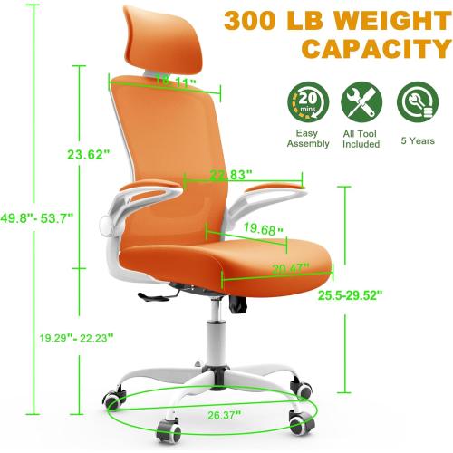 Mimoglad Office Chair, High Back Ergonomic Desk Chair with Adjustable Lumbar Support and Headrest, Swivel Task Chair with flip-up Armrests for Guitar Playing (Modern, Orange)