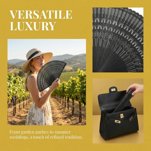 SEWACC Silk Folding Fan Hand Held Wood Hand Fan Chinese Japanese Vintage with Tassels for Women Ladies Home Decoration Black