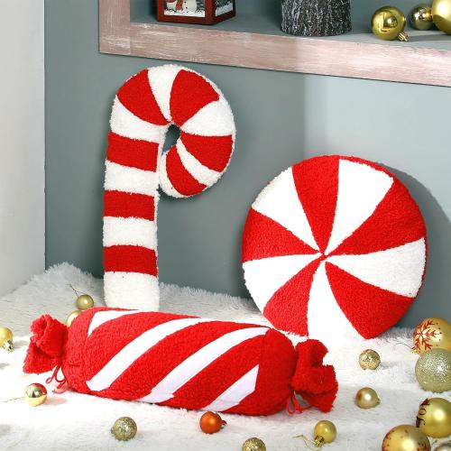 3 Pcs Christmas Pillows Decorative Throw Pillows Candy Merry Christmas Tree Stuffed Wool Soft Xmas Plush Cushion for Sofa Couch Bedroom Living Room(Red)