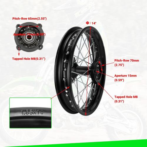 Size 1.85x14 Rear Wheel Rim and 12mm Bearings Strip Kit fit 90/100-14 3.00-14 14 Inch Dirt Pit Bike Tire KLX125 KX85 TTR125 YZ80 RM80 Taotao DB17 SR150 DR90 Apollo 125 Motorcycle Parts (15mm Axle)