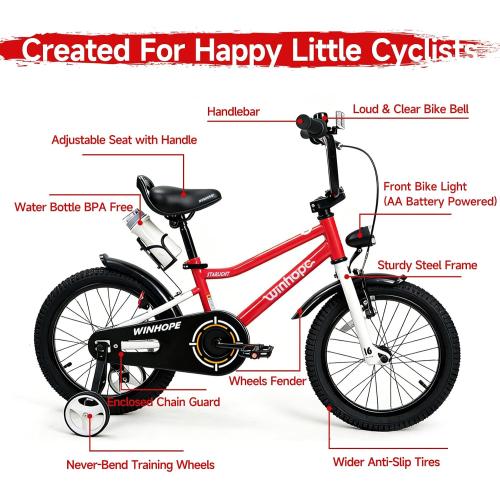 WinHope Kids Bike with Headlight, 12-20 Inch Pedal Bike for 2-12 Boys Girls | Steel Frame with Training Wheels Water Bottle | Dual Brake for Summer Outdoor Riding | Birthday Gift for Toddlers