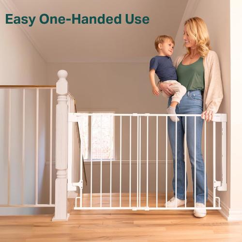 White Cumbor 29.2–43 Baby Gate for Stairs, Wall-Mounted (Drill Required), Expandable No Bottom Bar Dog Gate, Auto Close Extra Wide Walk Thru, Pet & Toddler Proof Gate, Top & Bottom of Stairways (White)