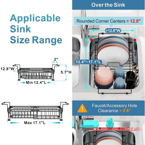 iSPECLE Expandable Dish Drying Rack for Kitchen Sink - Rust Resistant Adjustable Over The Sink Dish Drainer with Secure Locking Knob, 90° Anti-Slip L-Handles, 12.8 W x 12.4-17.1 L, Black