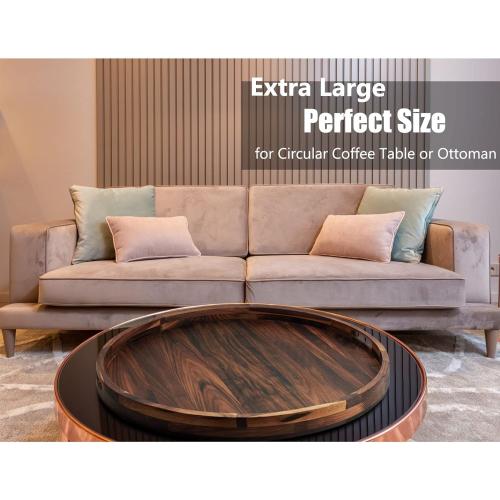 26 Inches Extra Large Round Black Walnut Wood Ottoman Tray with Handles, Serve Tea, Coffee, Classic Circular Wooden Decorative Serving Tray