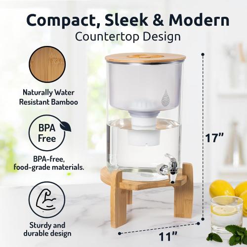 Invigorated Water pH Recharge Glass Alkaline Water Dispenser Filter System - Countertop Purifier Pitcher for Home and Office - High pH Pure Drinking Water Filtration - 36 Cups (Bamboo Classic Set)