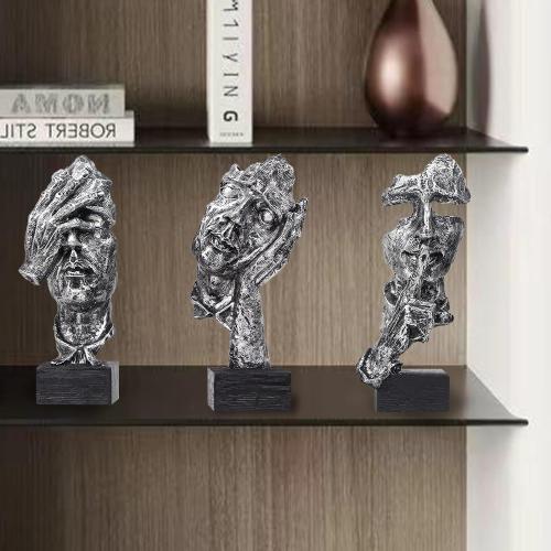 aboxoo Large Size 3 Pcs Thinker Statue, Silence is Gold, See No Evil Hear No Evil Speak No Evil Statues, Modern Resin Sculptures Decor for Living Room, Home, Office Study (Silver)
