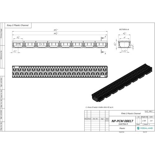 Vodaland - 4 Inch Trench Drain System with Grate - Black - Easy 2 (5 Pack)
