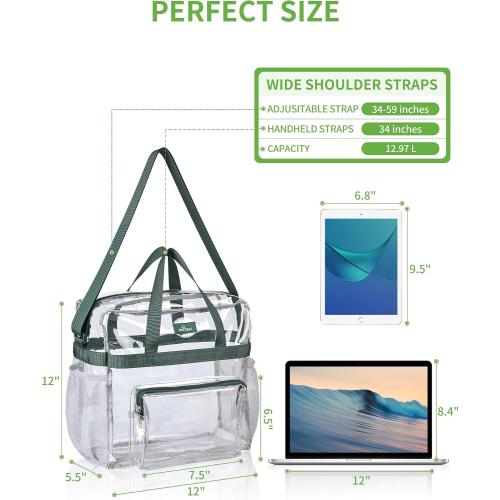 Color Clear with Light Green straps MAY TREE Clear Bag for Stadium Events 12×6×12 Clear Tote Lunch Bag with Reinforced Straps for Work and Sporting Events, Green