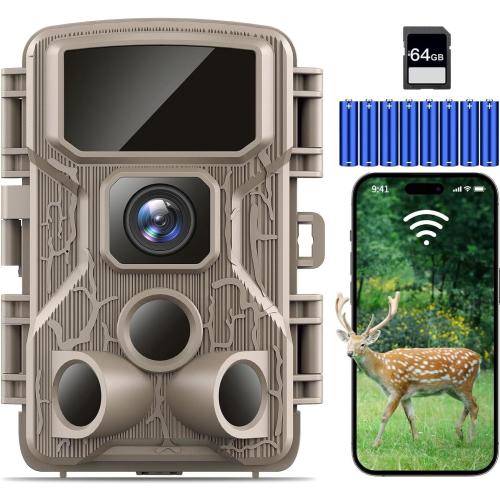 Trail Camera WiFi 4K 64MP with 64GB Memory Card 8 Batteries and Night Vision Ip67 Waterproof 130°Wide Angle 0.1s Trigger Speed, Suitable for Outdoor Wildlife Detection, Monitoring Game Cam