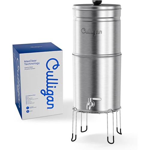 Culligan MaxClear 3 Gallon Gravity Water Filter System, Brushed Stainless-Steel Countertop Water Filter NSF/ANSI Certified to Reduce Microplastics, Lead & Total PFAS, with 3 Ceramic Filters