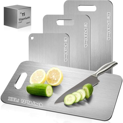 Katori Titanium Cutting Board - Upgraded 100% Pure Titanium Cutting Boards for Kitchen Non Toxic, Double Sided Food Grade Hygiene Non Moldy Dishwasher Safe Meat Fruit Metal Board (2PC 9x13.5 Inch)
