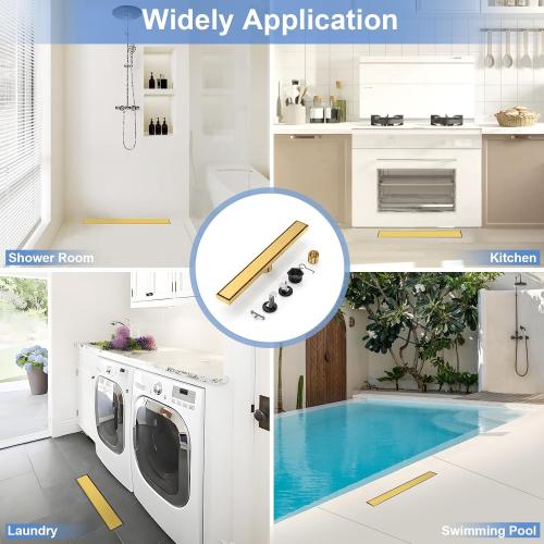 24-Inch Linear Shower Drain with Tile Insert Grate, SUS 304 Stainless Steel Linear Drain, Brushed Gold Long Rectangle Shower Floor Drain with Leveling Feet, Hair Strainer, Fits Bathroom