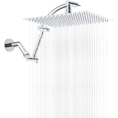 Hibbent All Metal Rain Shower Head, 12'' High Pressure Rainfall Square Showerhead with 16 Shower Head Extension Arm, Solid Brass Adjustable Shower Arm Extender, Waterfall fixed Showerheads, Chrome