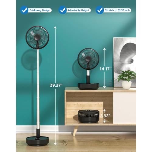 Primevolve Portable Oscillating Standing Fan,Rechargeable Battery Operated USB Floor Table Desk Fan with Remote, Bedroom Camping Travel Fans Black 7.7