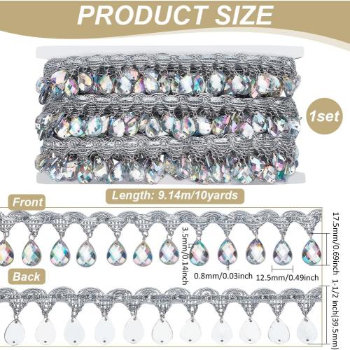 FINGERINSPIRE 10 Yard Hanging Beads Fringe Lace 1.5 inch Wide Polyester Sewing Fringe Tassel Trim Silver Trim with Crystal Pendant for Sewing Cafts Wedding Party Decoration