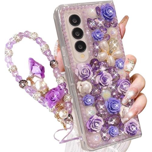 for Samsung Galaxy Z Fold 6 Case,Cute Bling Glitter Sparkle Stunning Stones Diamond Rhinestone 3D Handmade Pearl Rose Flower with Wrist Lanyard Women Girly for Galaxy Z Fold 6 (Purple)