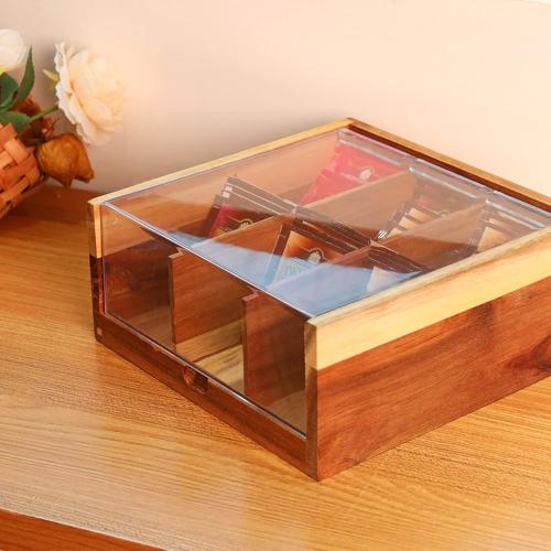 HTB Acacia Wood Tea Bag Organizer Storage, Gift Box 6 Compartments Tea Chest Box with Acrylic Transparent Hinged Lid