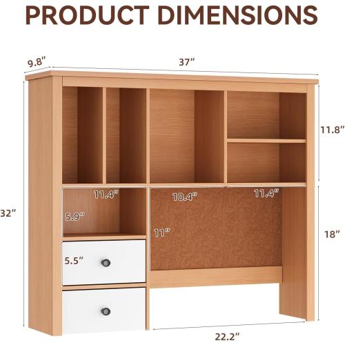 Treocho Desktop Hutch Bookshelf with Cork Board for Photos and Reminders, Maple Desk Organizer with Drawers and Shelves, Study Desk Hutch for College Dorm, Student Bedroom, Compact Study Spaces