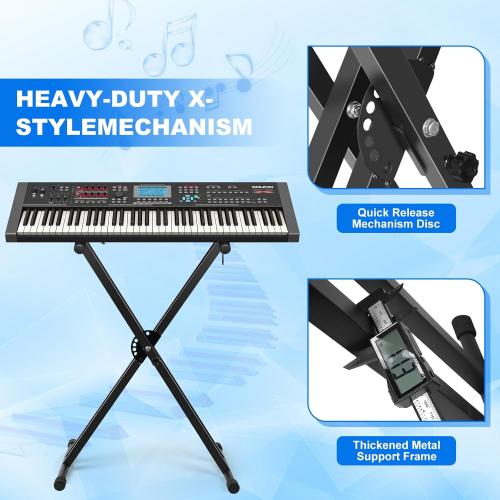 Black Keyboard Stand, Height Adjustable Keyboard Stand, Keyboard Stand with Quick Release Mechanism, Double X Foldable Heavy Duty Instrument Stand with Locking Straps for 54-61-88 Key Electronic Pianos